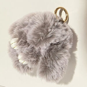 NEW Gray Faux Fur Bunny Rabbit Bag Charm Keychain with Gold Silver Ring Clips